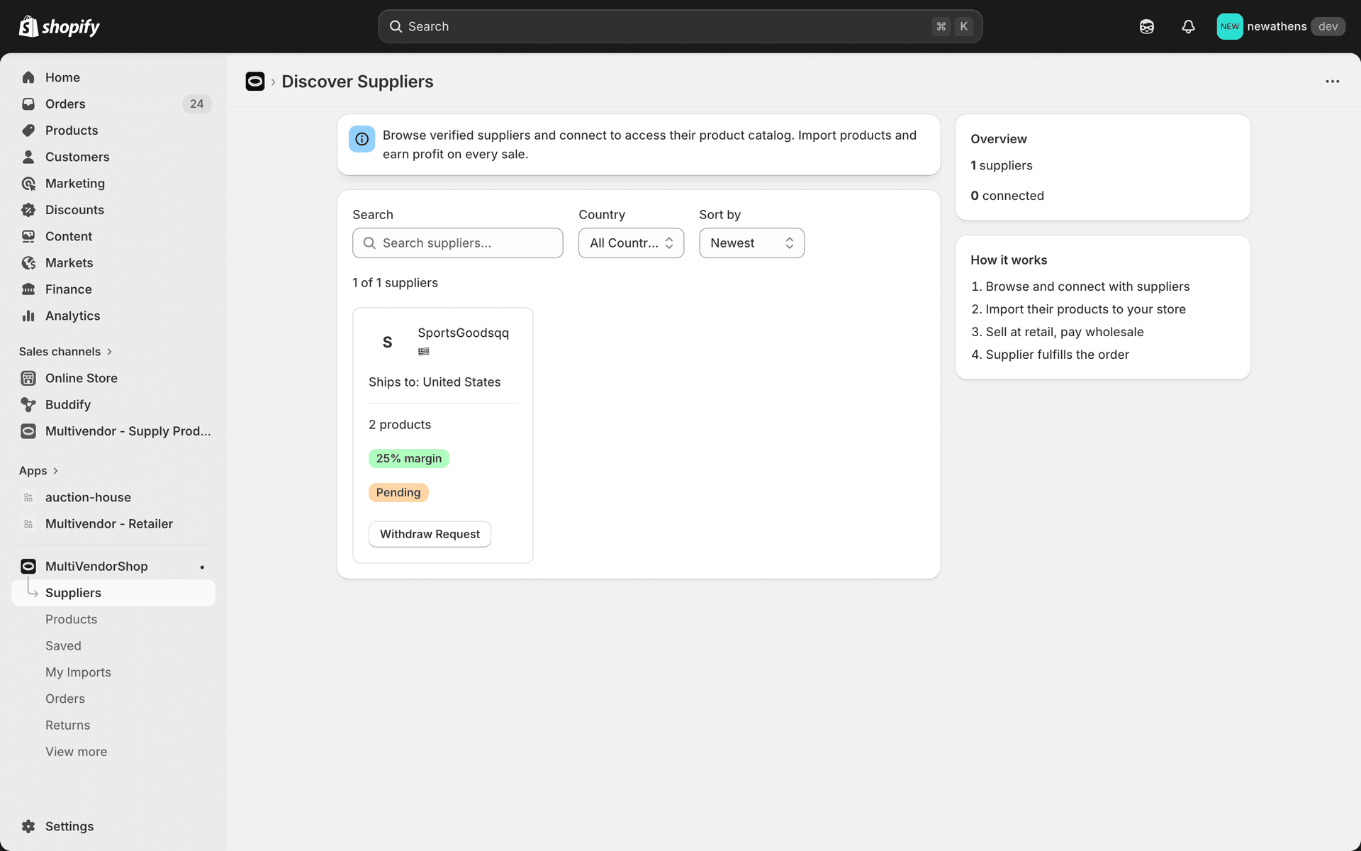 Supplier discovery page showing supplier cards with product count and margin