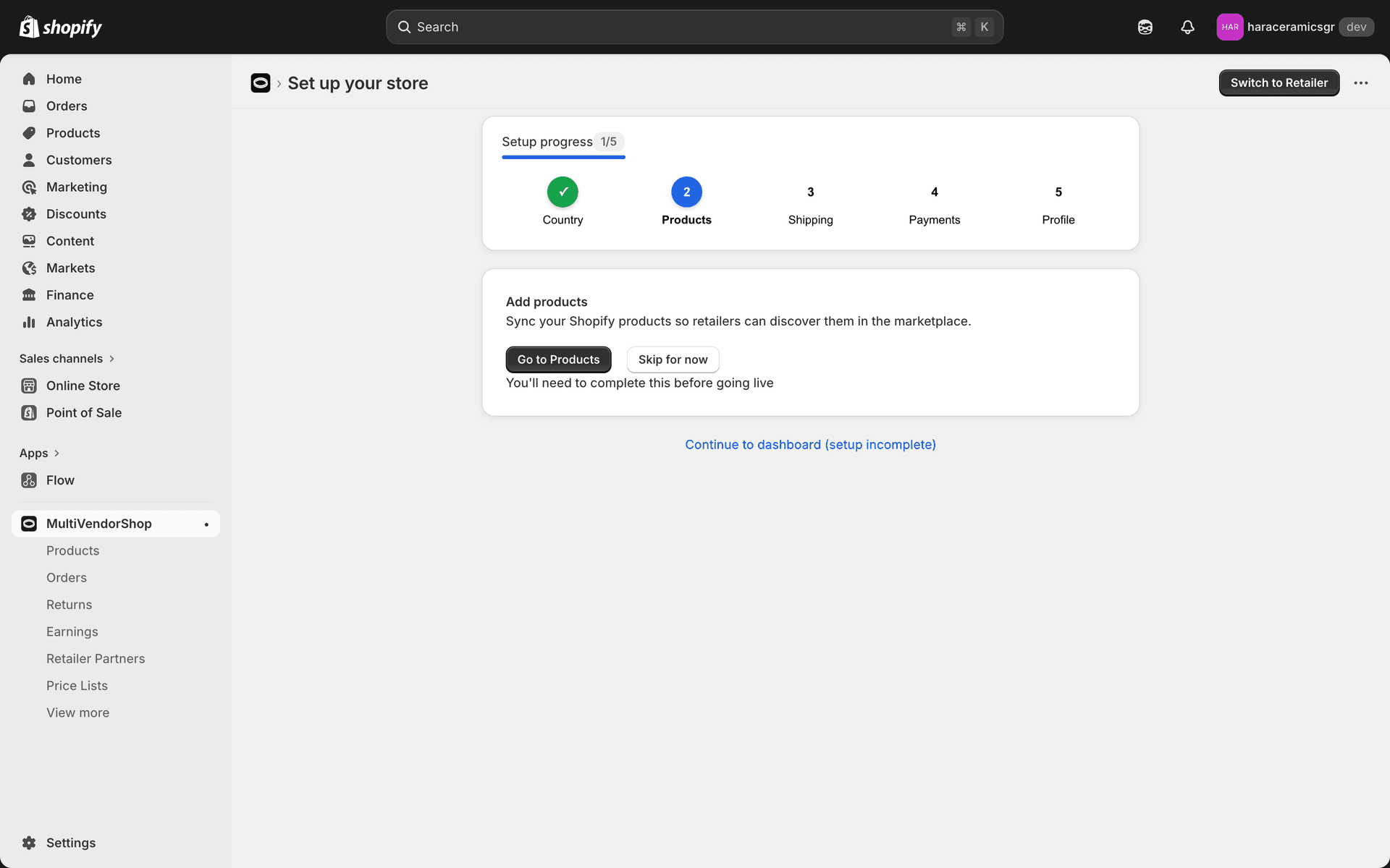 5-step setup wizard showing progress through Country, Products, Shipping, Payments, and Profile