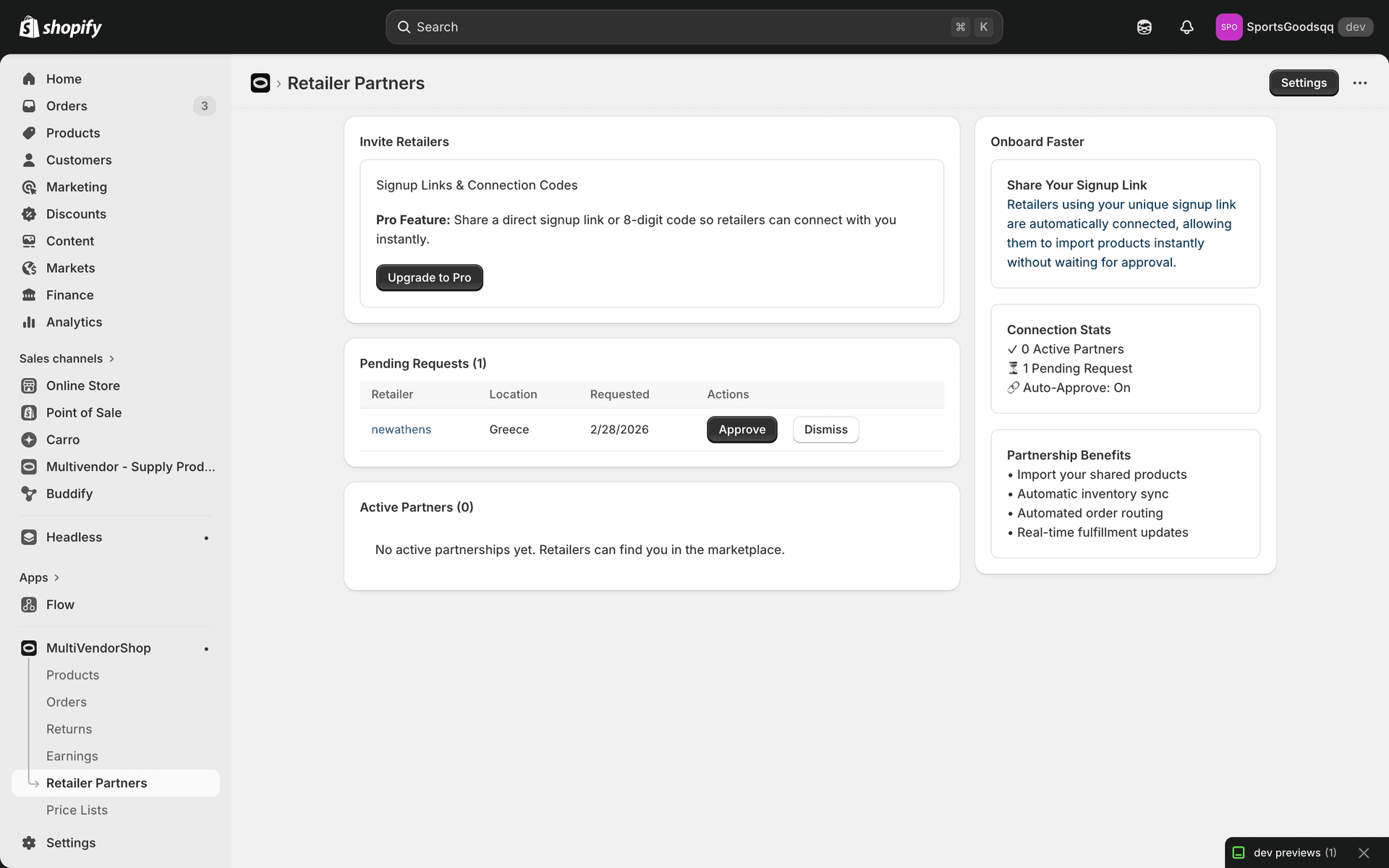 Retailer Partners page showing pending requests and connection management
