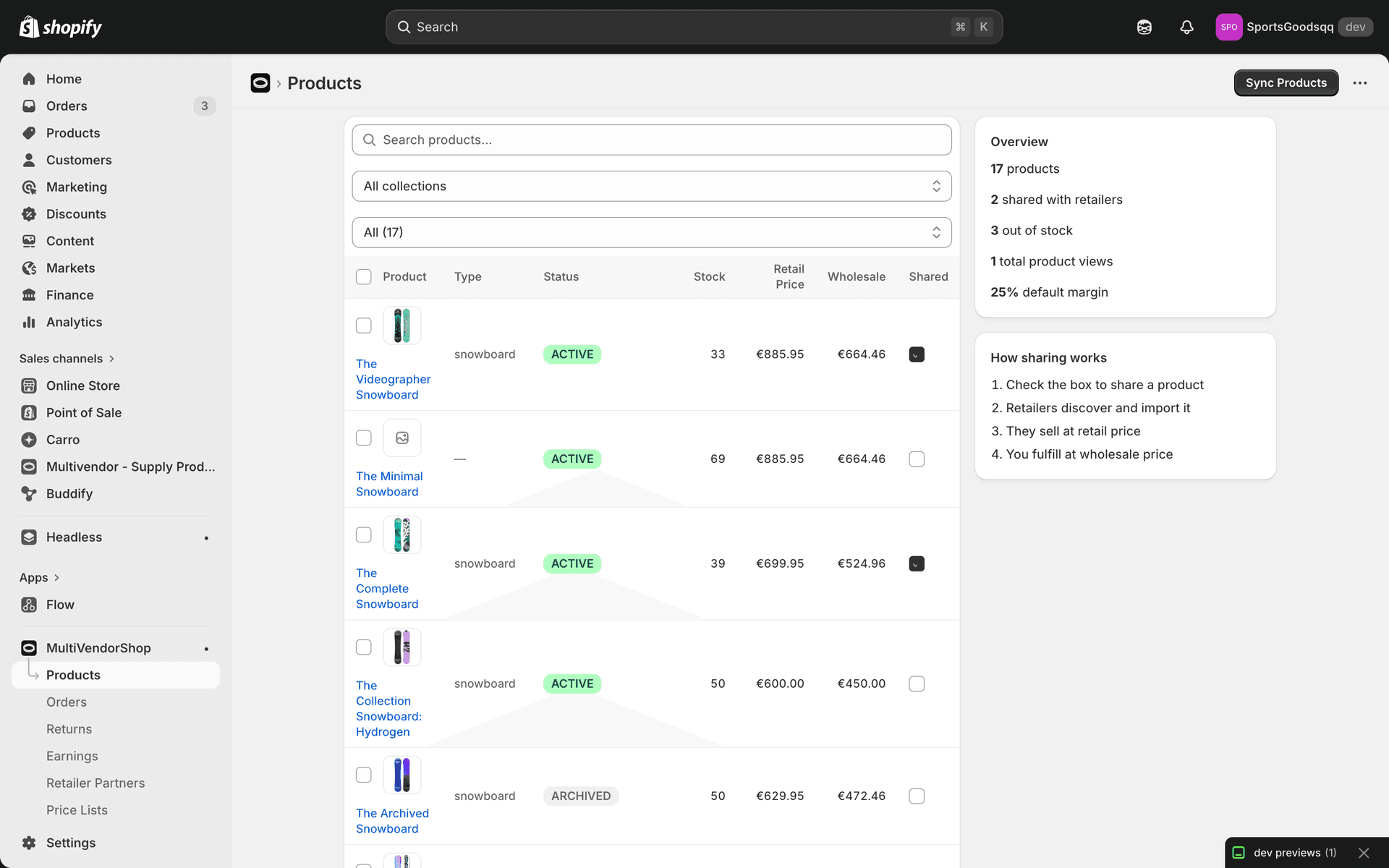 Supplier products page showing 17 products with stock levels, pricing, and sharing status